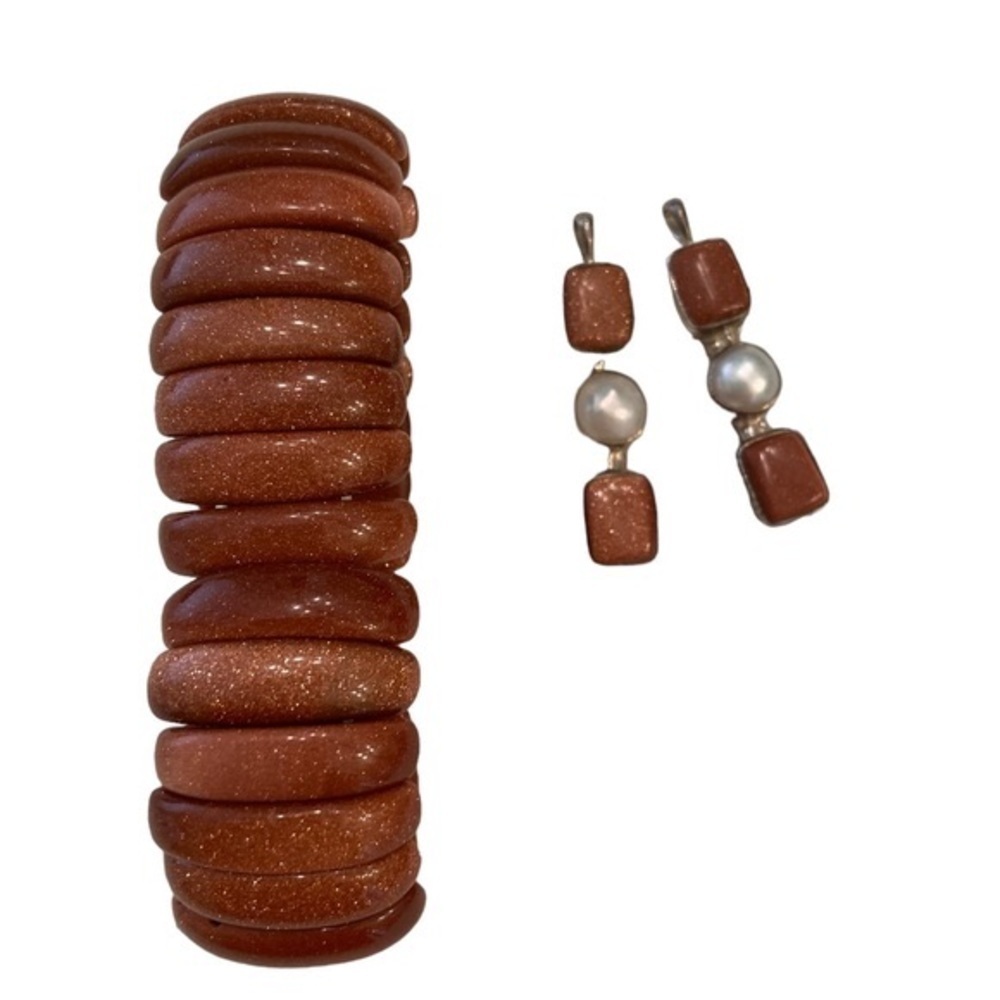 Vintage Goldstone sparkle stretch bracelet & 2 drop pendants/earrings faux pearl